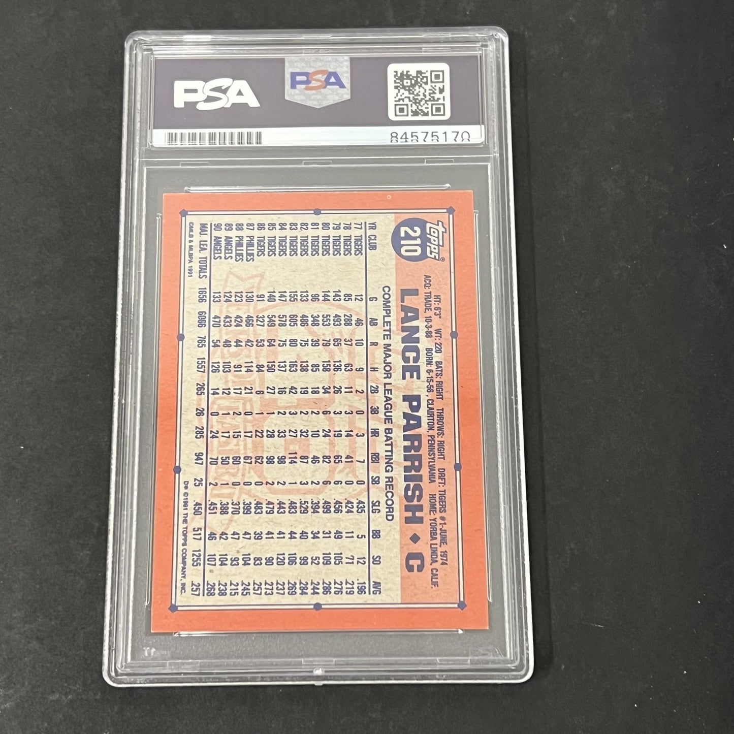 1991 Topps #210 Lance Parrish 40 Years Of Baseball signed card PSA