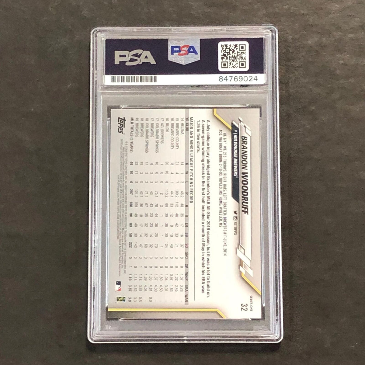2020 Topps #32 Brandon Woodruff Signed Card PSA Slabbed Auto Grade 10 Brewers