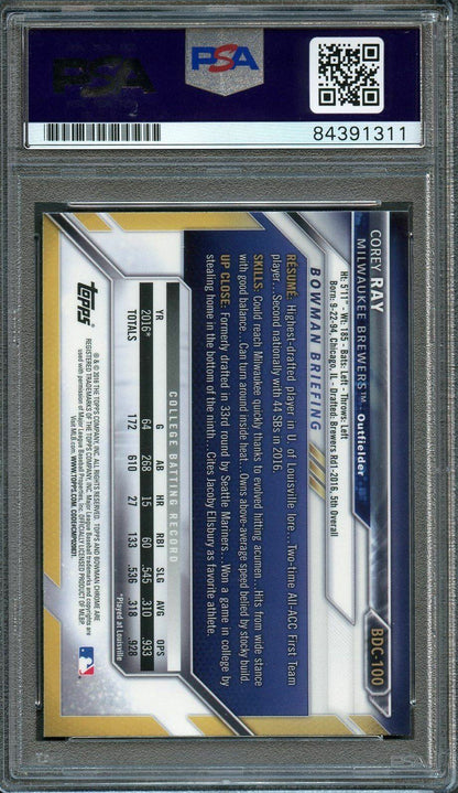 2016 Bowman Chrome #BDC-100 COREY RAY Signed Card PSA Slabbed Auto Brewers