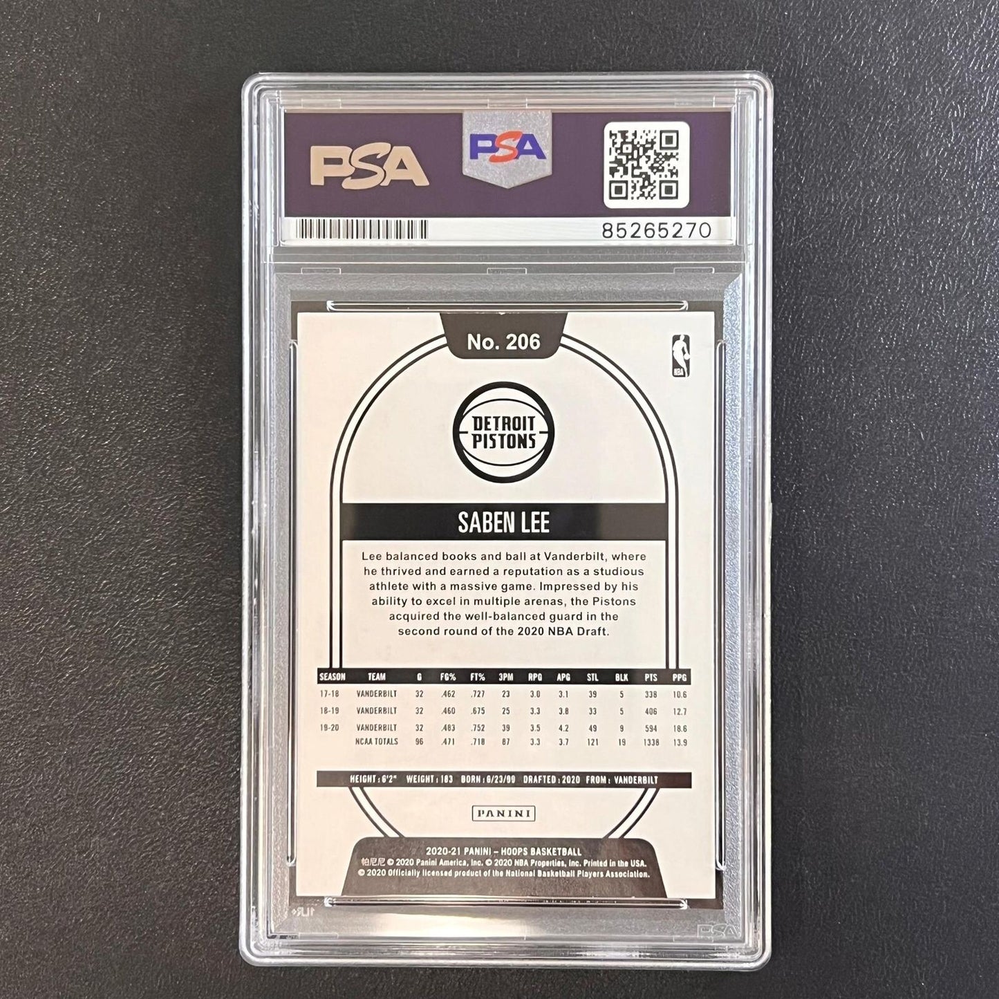 2020-21 Panini Hoops #206 Saben Lee Signed Card AUTO PSA Slabbed RC Pistons