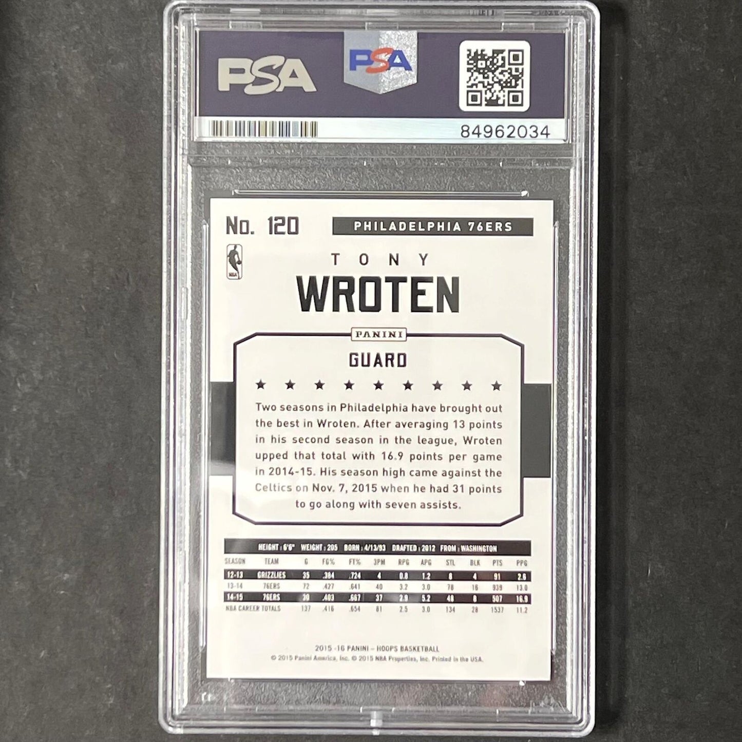 2015-16 Panini Hoops #120 Tony Wroten Signed Card AUTO PSA Slabbed 76ers