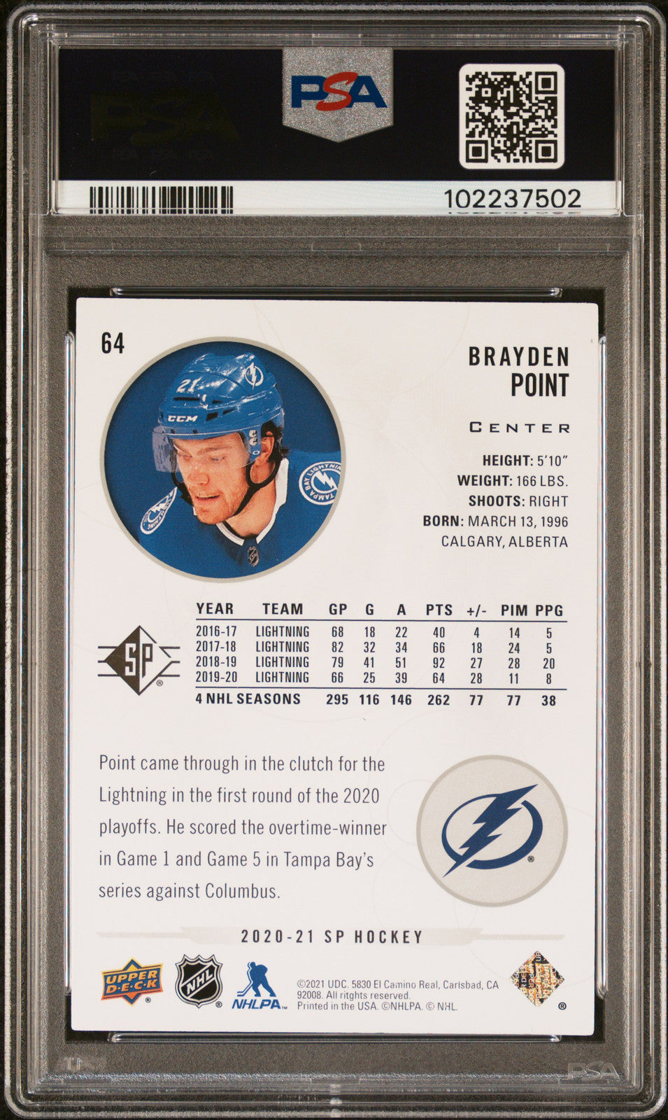 2020-2021 SP #64 Brayden Point PSA A Auto 10