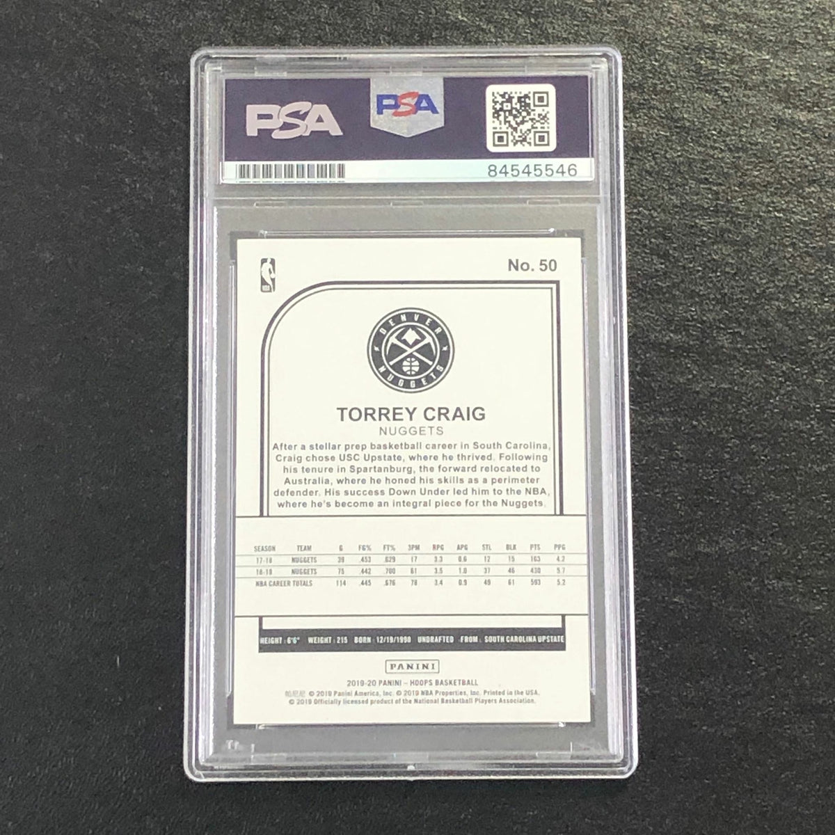 2019-20 NBA Hoops #50 Torrey Craig Signed AUTO 10 PSA Slabbed Nuggets