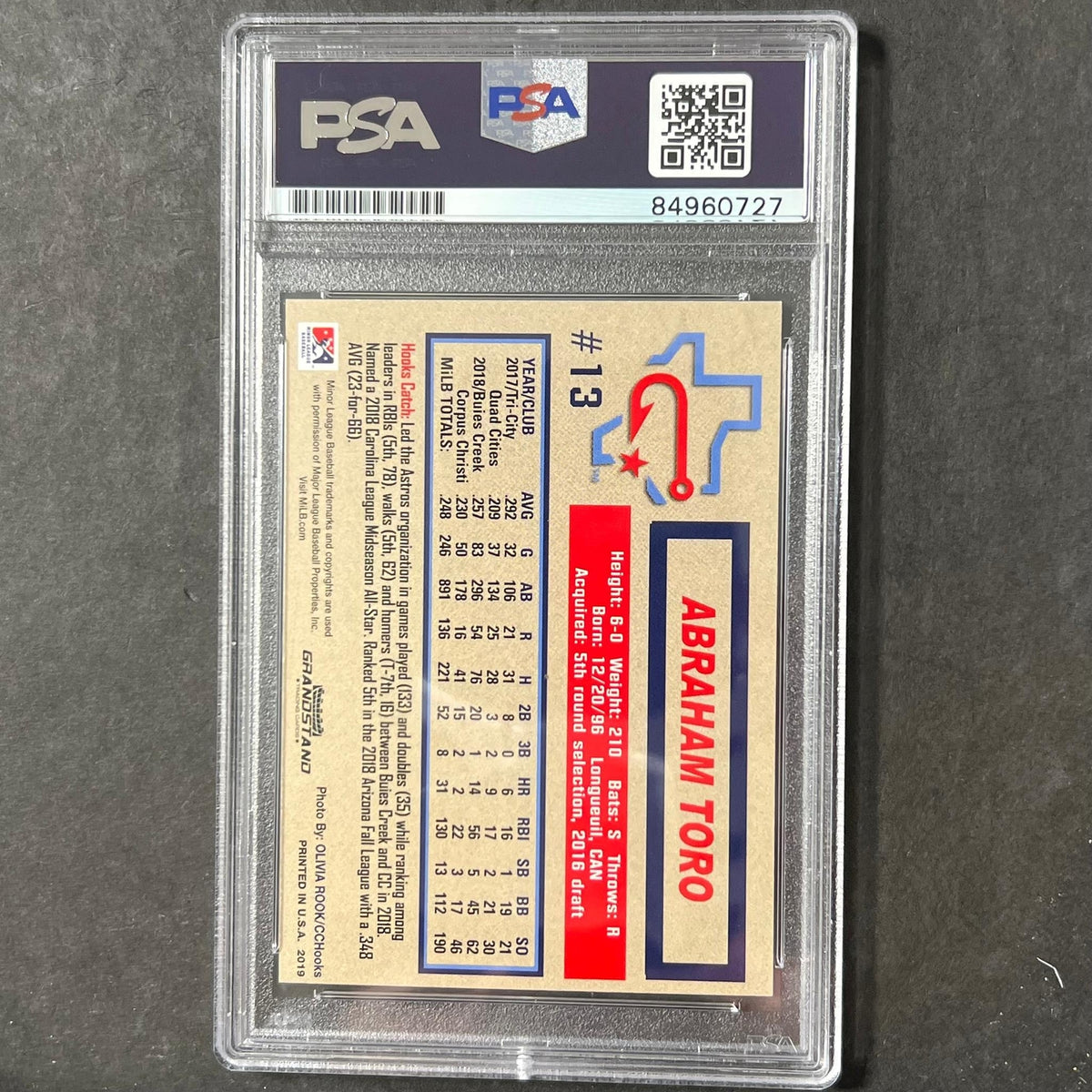 2019 MLB Corpus Christie Hooks Abraham Toro Signed Card PSA Slabbed AUTO Astros/