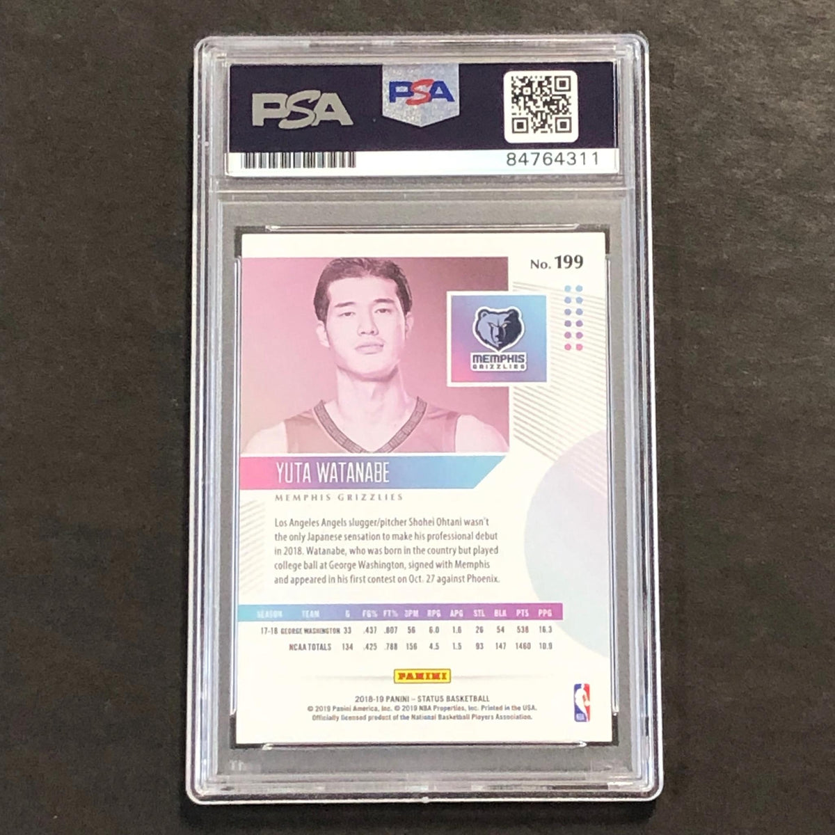 2018-19 Panini Status #199 Yuta Watanabe signed Auto Card PSA/DNA Slabbed RC Gri
