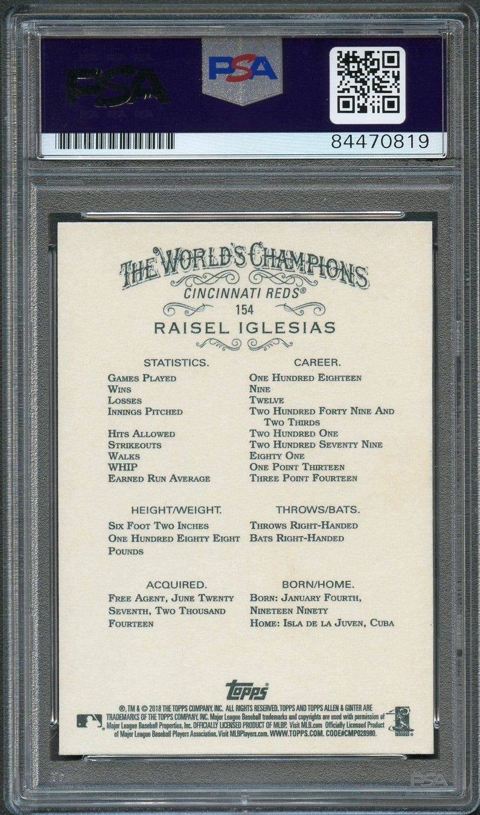 2018 Topps Allen & Ginter's #154 Raisel Iglesias Signed Card PSA Slabbed Auto 10