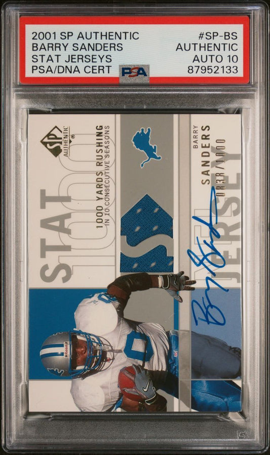 2001 SP Authentic Stat Jerseys #SP-BS Barry Sanders Signed PSA Authentic AUTO 10