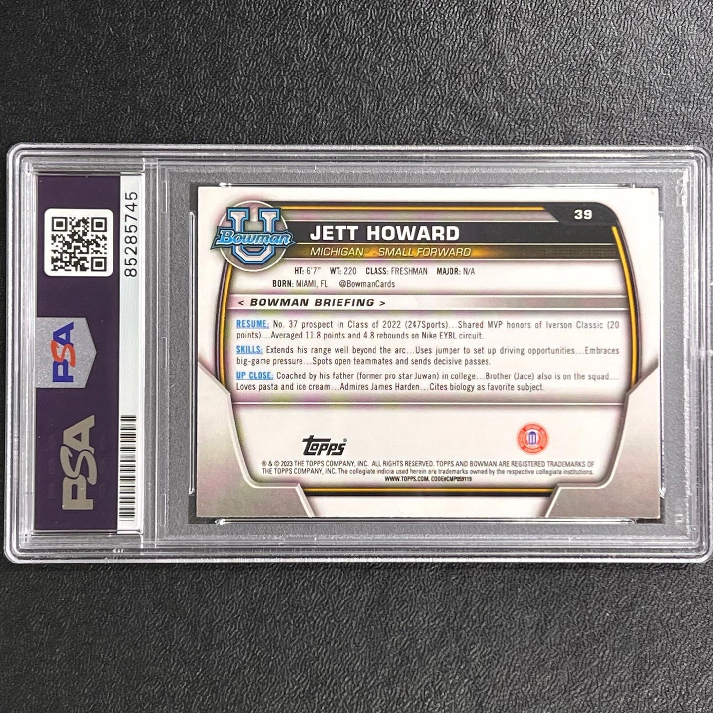 2023-24 Bowman Basketball #39 Jett Howard Signed Card AUTO PSA/DNA Slabbed Michi