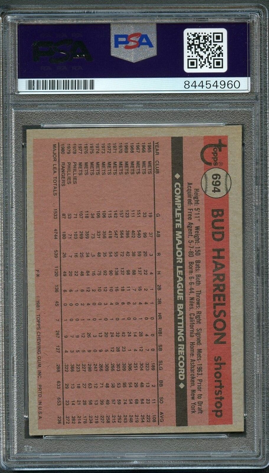 1981 Topps #694 Bud Harrelson Signed Card AUTO PSA Slabbed Rangers