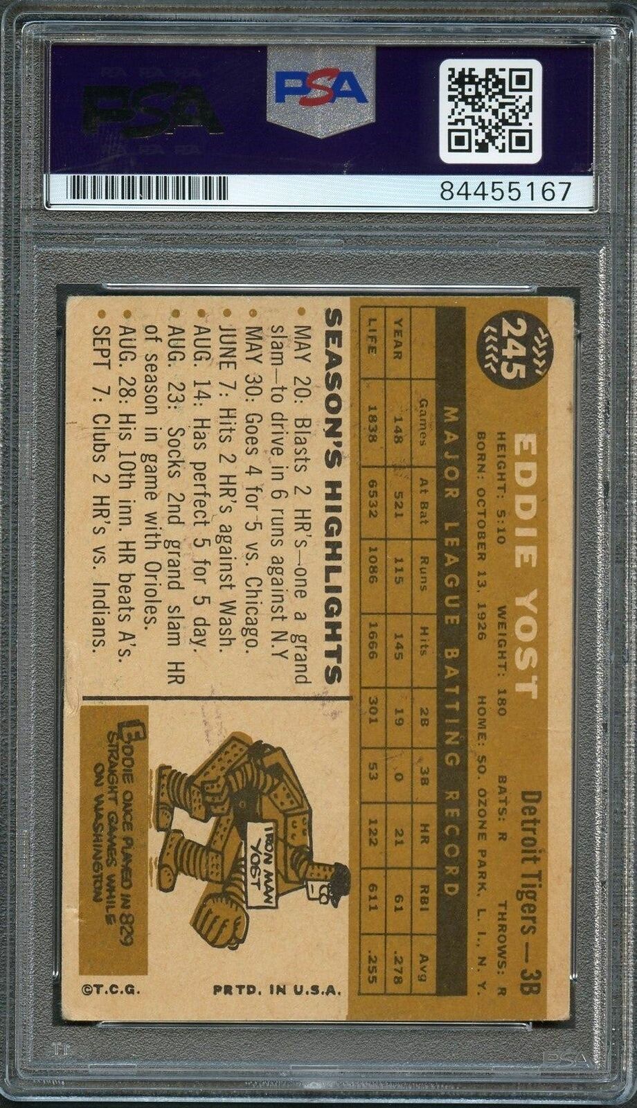 1960 Topps #245 Eddie Yost Signed Card PSA Slabbed Auto Tigers