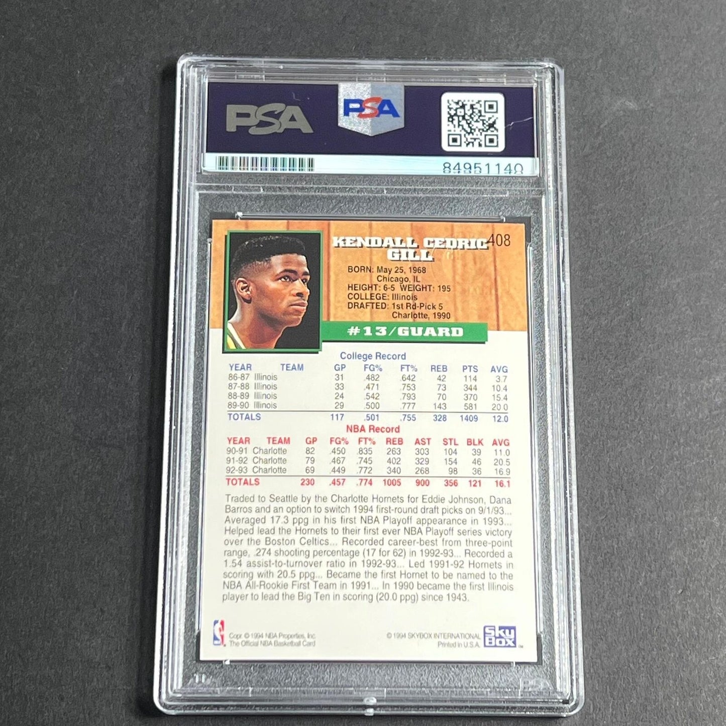 1993-94 Skybox #408 Kendall Gill Signed Card AUTO PSA/DNA Slabbed Hornets