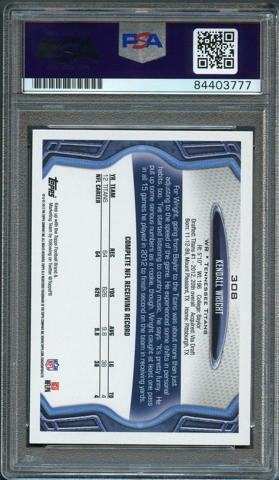 2012 Topps #378 Kendall Wright AUTO card PSA Slabbed Tennessee Titans Signed