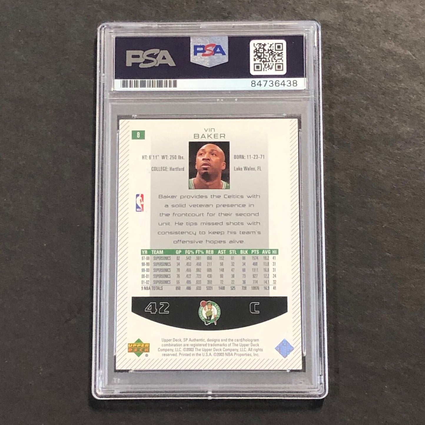 2002-03 SP Authentic #8 Vin Baker Signed Card AUTO PSA/DNA Slabbed Celtics