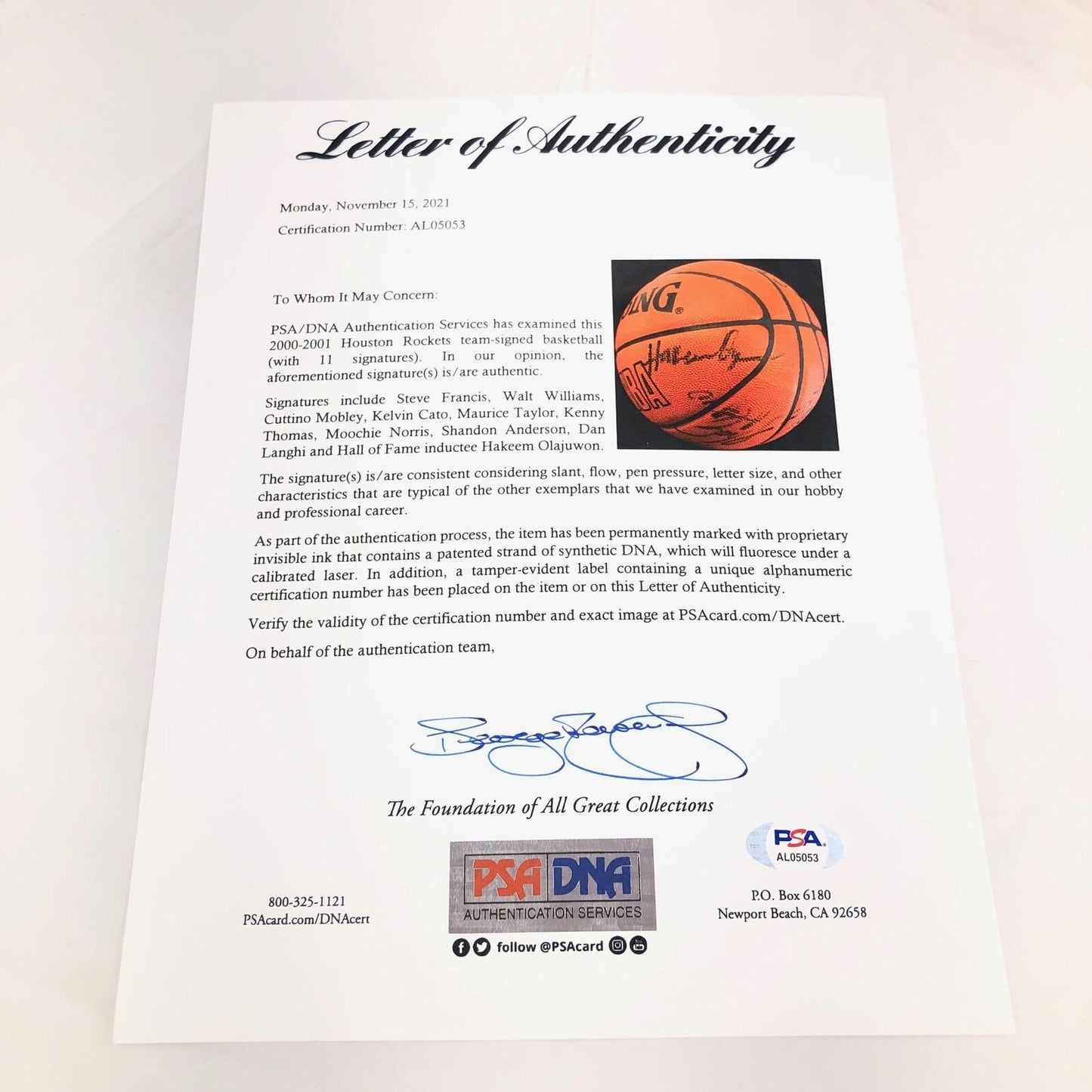 2000-2001 Houston Rockets Team Signed Basketball PSA/DNA Olajuwon