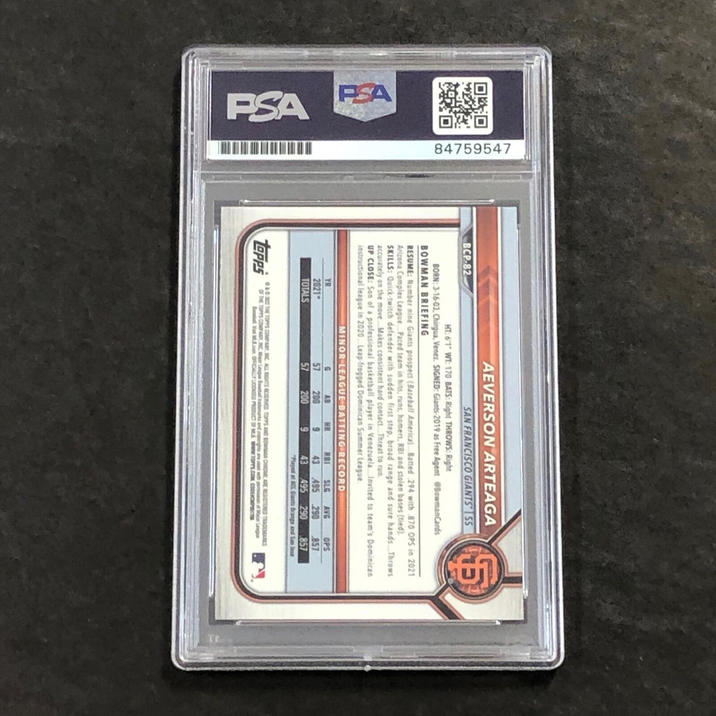 2022 1st Bowman Chrome #BCP-82 Aeverson Arteaga Signed Card PSA Slabbed Auto Gia