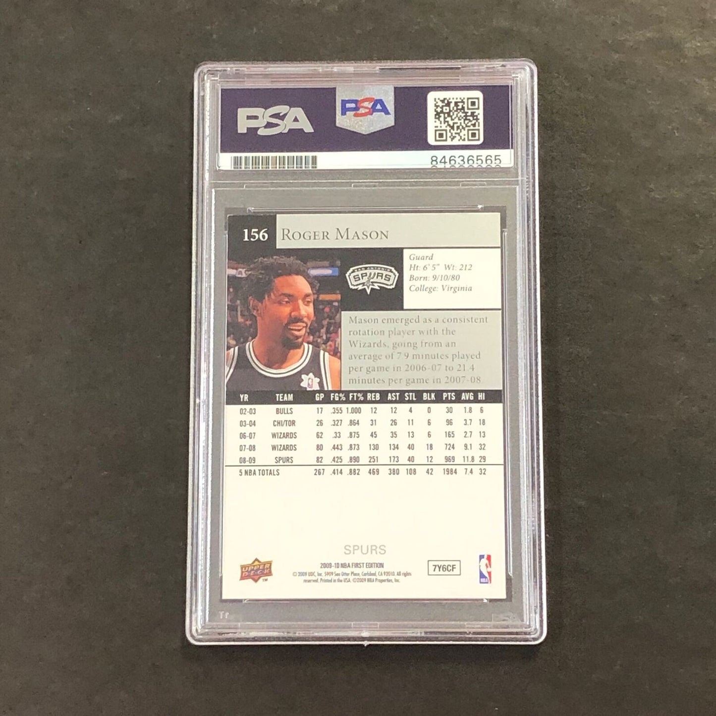 2009-10 Upper Deck Basketball #156 Roger Mason Signed Card Auto PSA Slabbed Spur