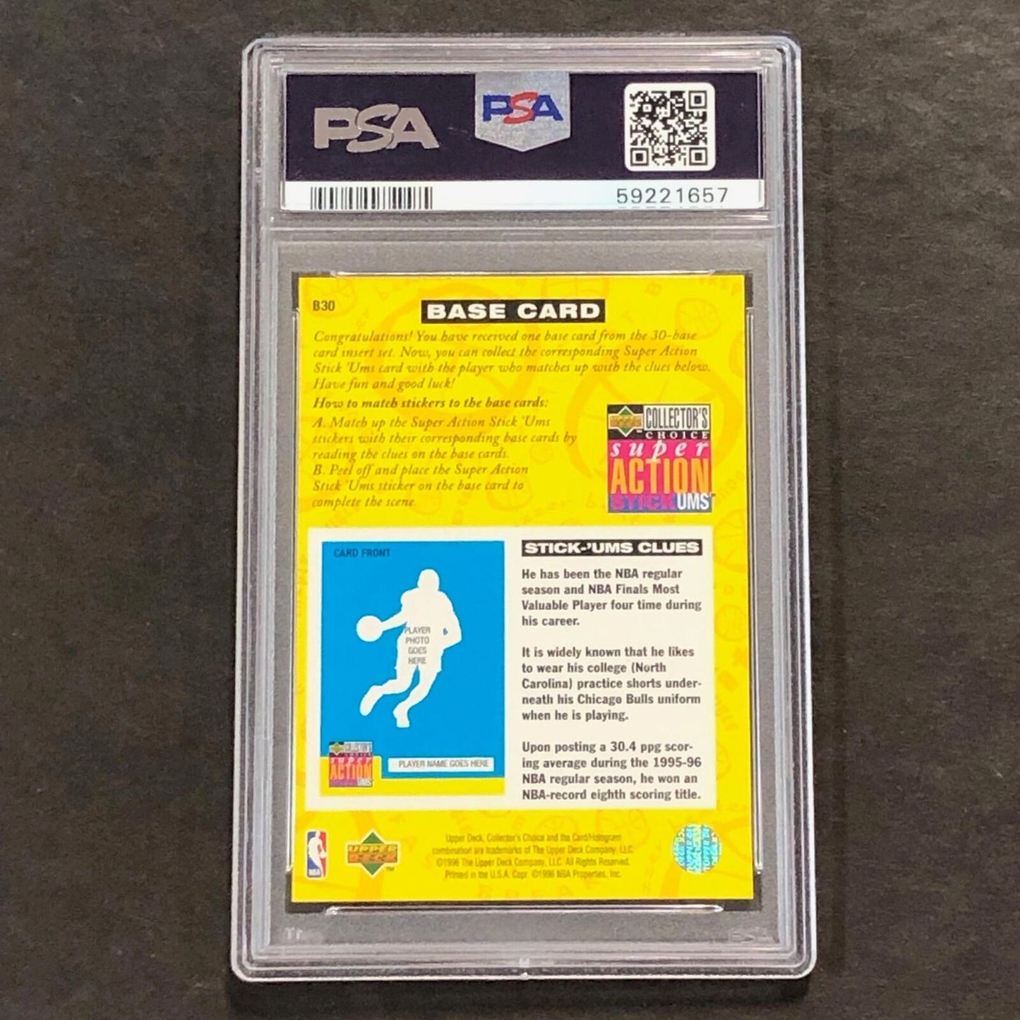 1996 Collectors Choice Stick-ums 1 Base Card #B30 Michael Jordan PSA NM 7 Bulls