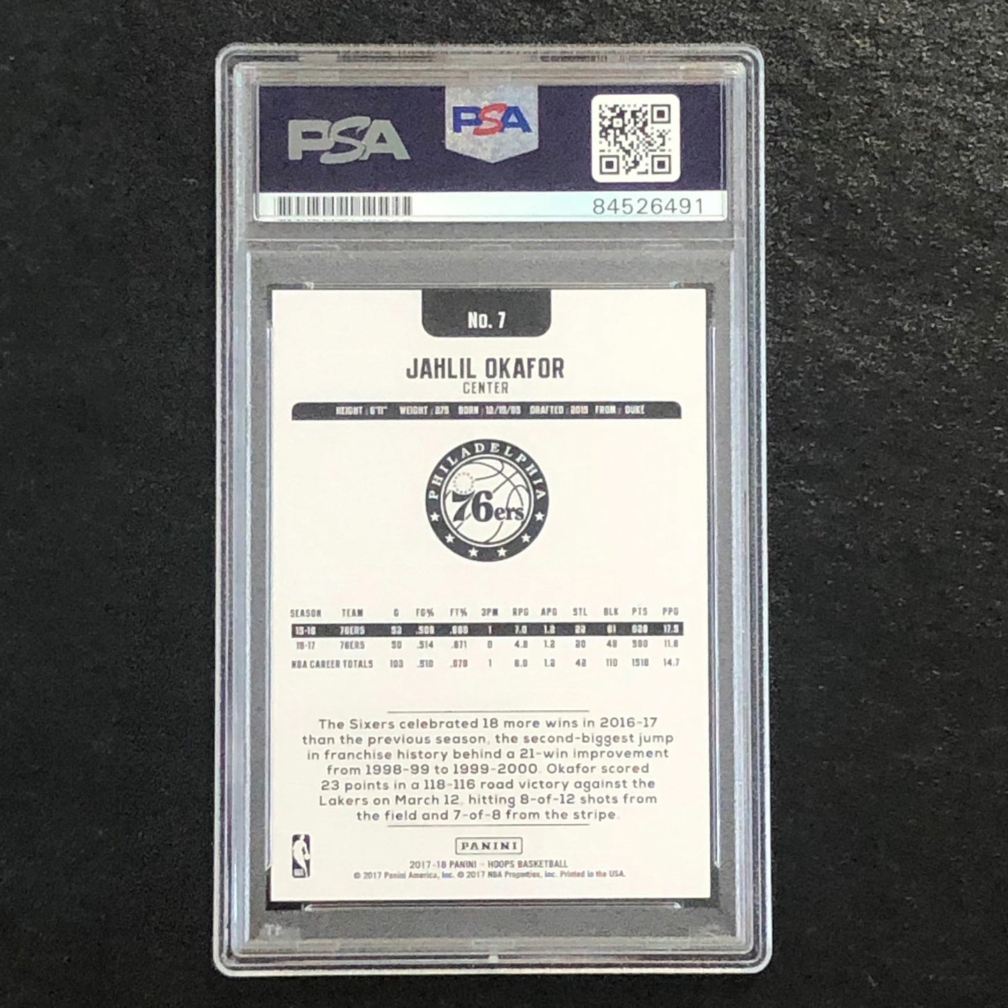 2017-18 NBA Hoops #7 Jahlil Okafor Signed Card AUTO PSA Slabbed 76ers