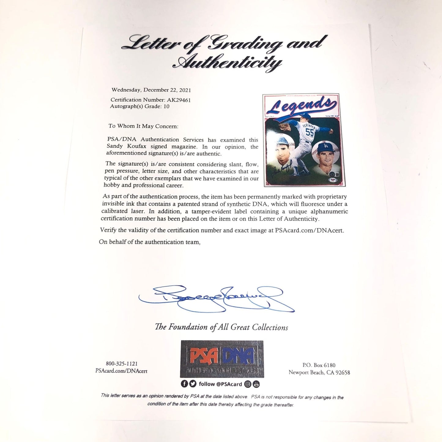 Sandy Koufax Signed Legends Magazine PSA/DNA Los Angeles Dodgers Autographed Aut