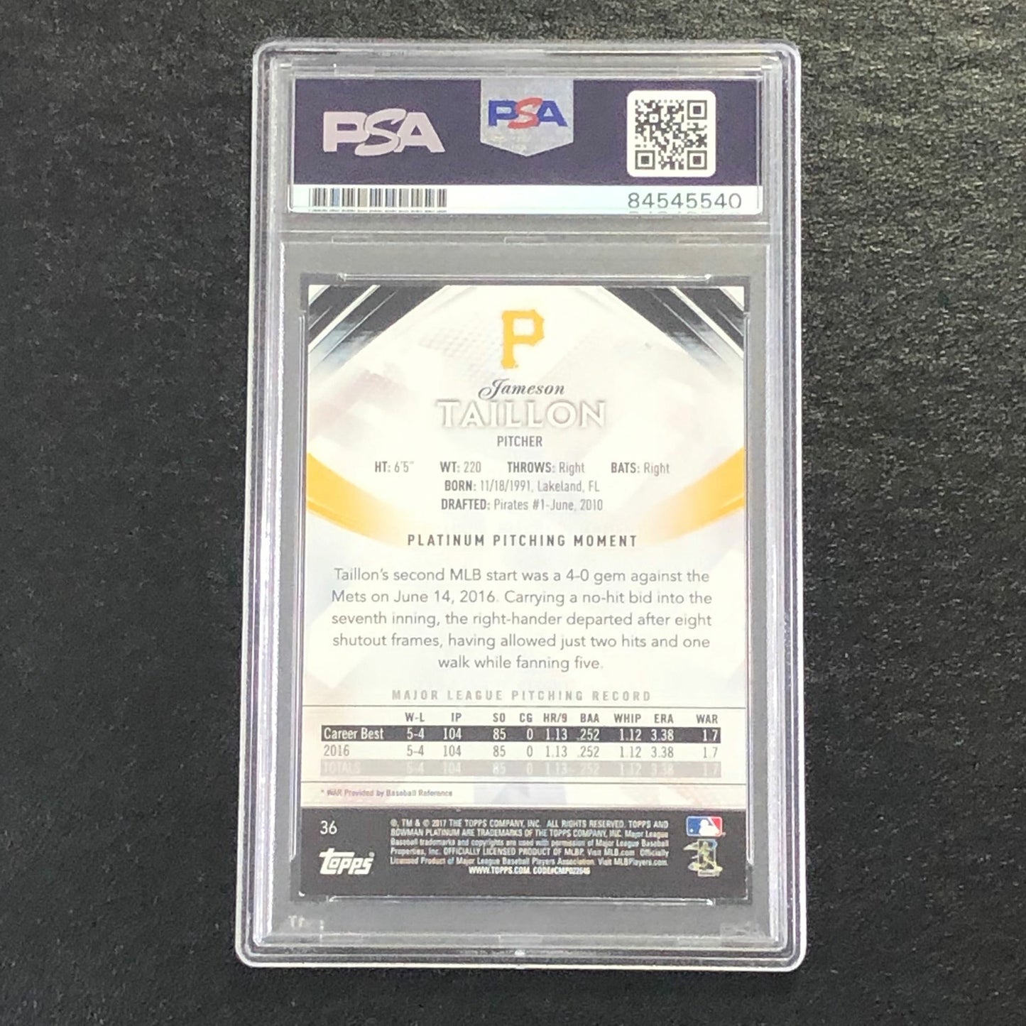 2017 Bowman Platinum #36 Jameson Taillon Signed Card PSA Slabbed Auto 10 Pirates