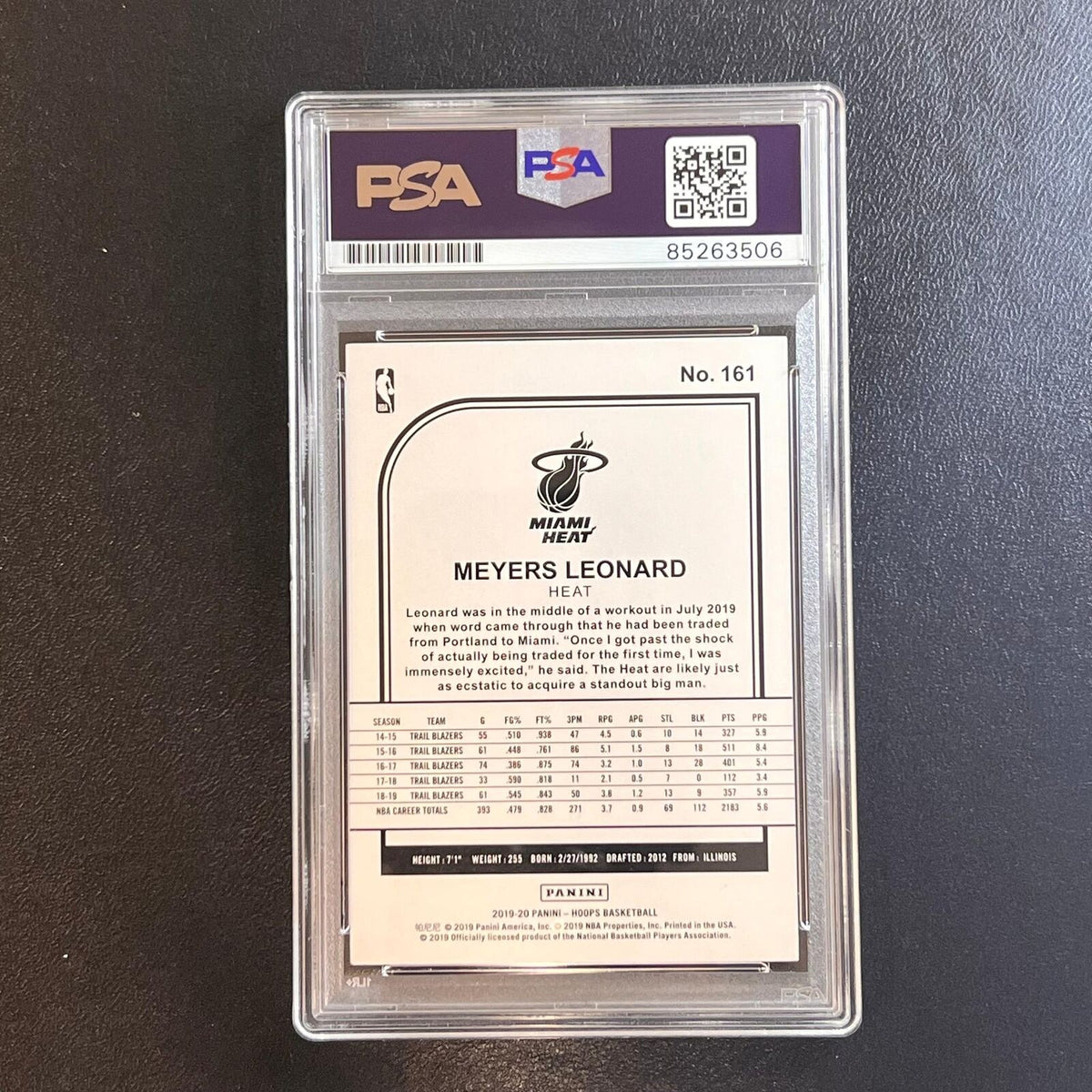 2019-20 Panini Hoops #161 Meyers Leonard Signed Card AUTO PSA Slabbed Heat
