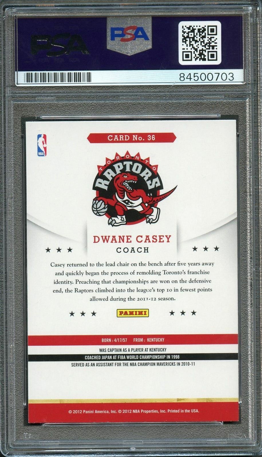 2012-13 NBA Hoops #36 Dwane Casey Signed Card AUTO 10 PSA Slabbed Raptors