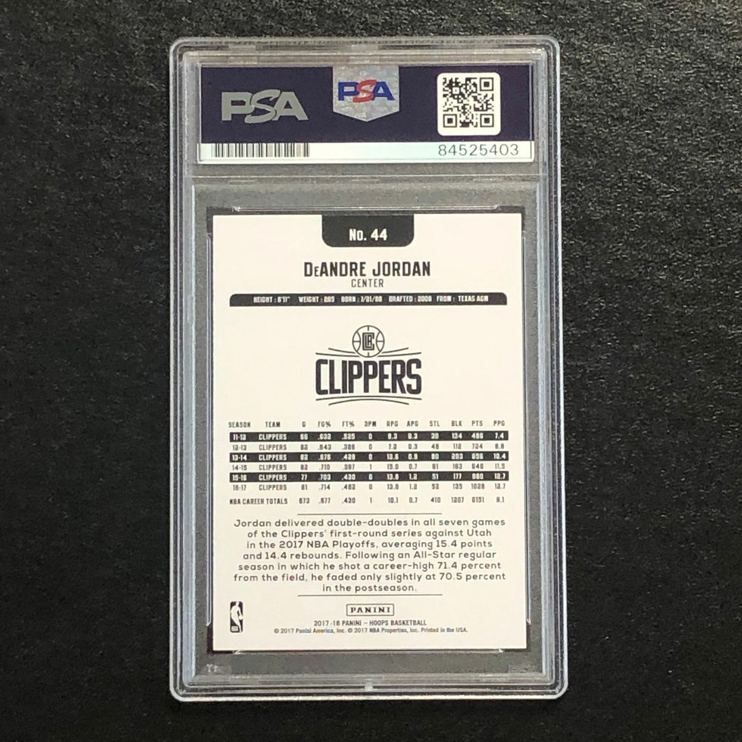 2017-18 NBA Hoops #44 DeAndre Jordan Signed Card AUTO 10 PSA Slabbed Clippers