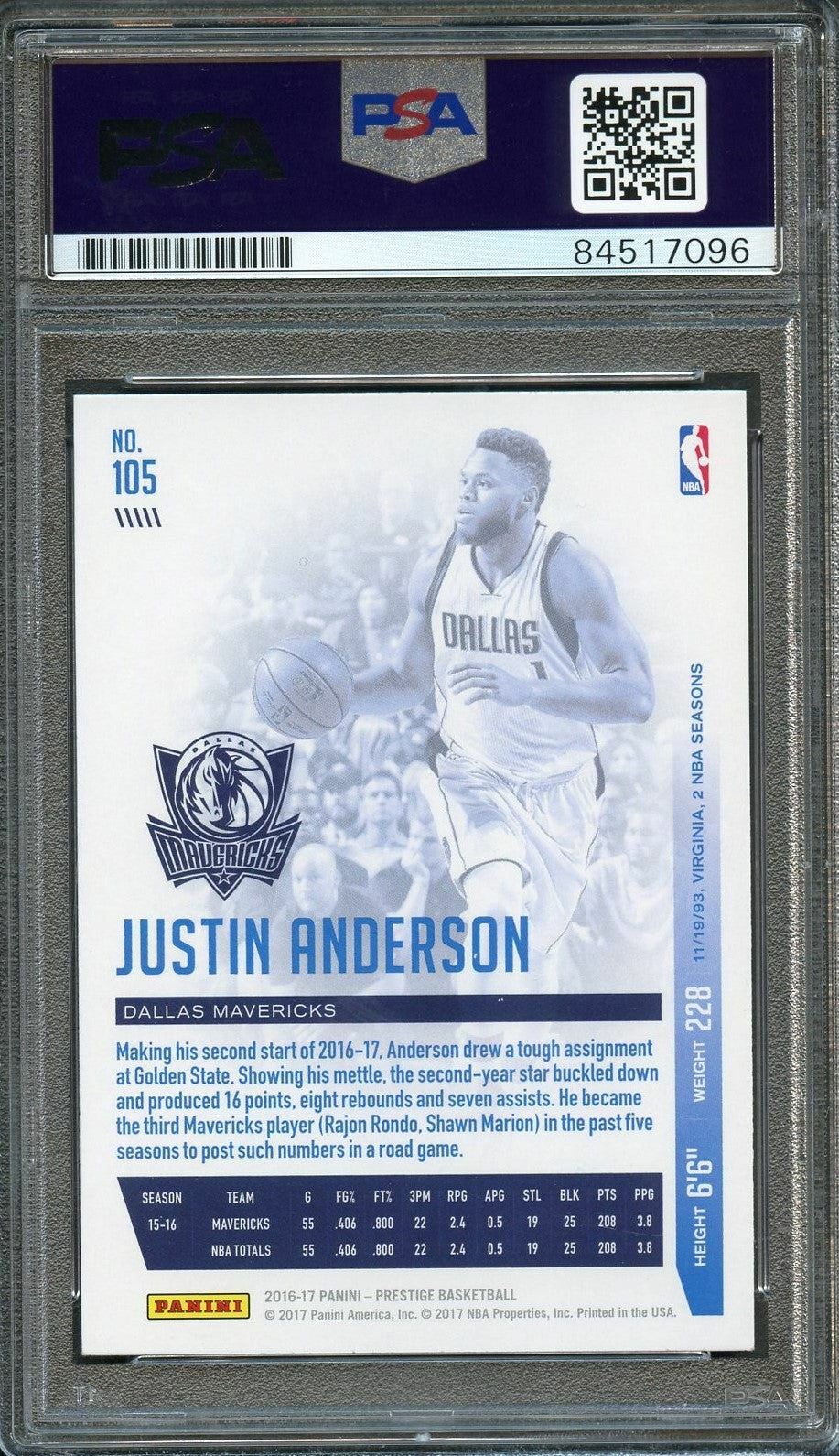 2016-17 Panini Prestige #105 Justin Anderson Signed Card AUTO PSA Slabbed Maveri