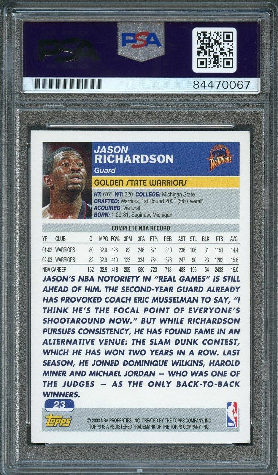 2003-04 Topps Basketball #23 Jason Richardson Signed Card AUTO PSA Slabbed Warri