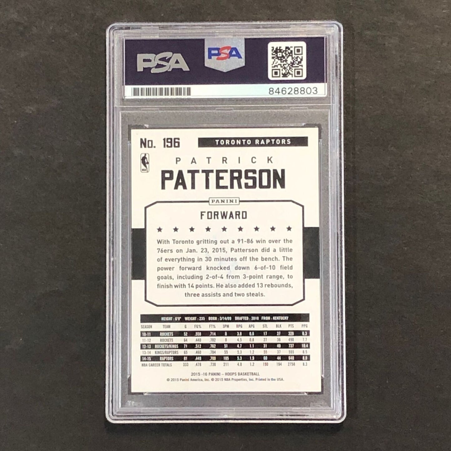 2015-16 NBA Hoops #196 Patrick Patterson Signed Card AUTO 10 PSA Slabbed Raptors