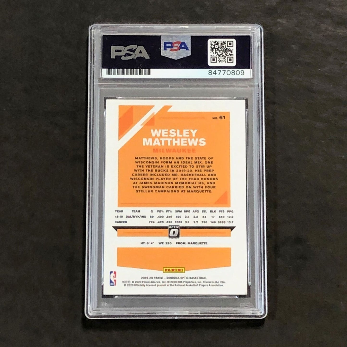 2019-20 Panini Optic #61 Wesley Matthews Signed Card AUTO PSA Slabbed Bucks