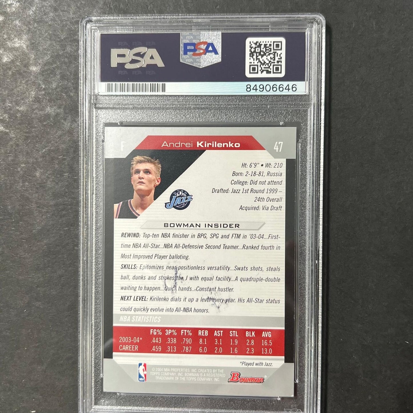 2004-05 Bowman Draft #47 Andrei Kirilenko Signed Card AUTO PSA Slabbed Jazz