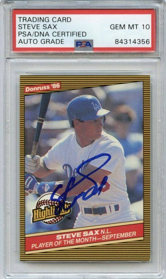 1986 Donruss Highlights #50 Steve Sax Signed Card AUTO Grade 10 PSA Slabbed