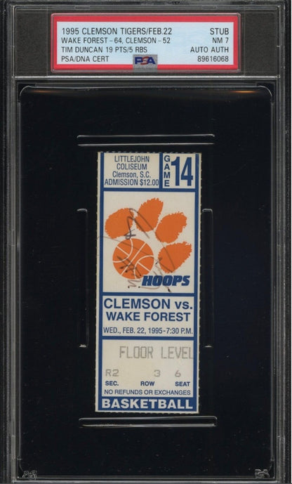 Tim Duncan Signed Ticket PSA NM 7 AUTO AUTH 1995 Wake Forest vs Clemson