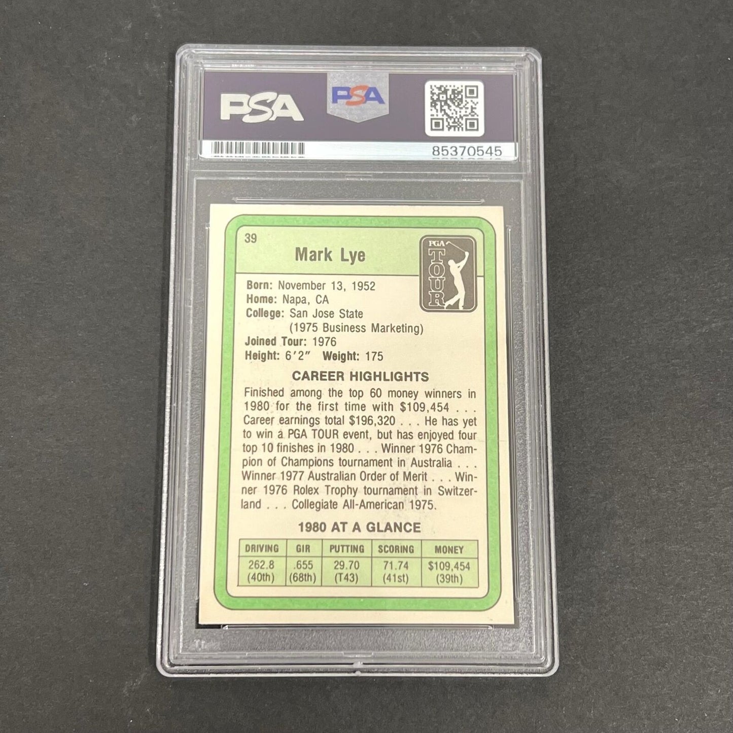 1980 PGA Tour #39 Mark Lye Signed Card PSA/DNA Slabbed AUTO