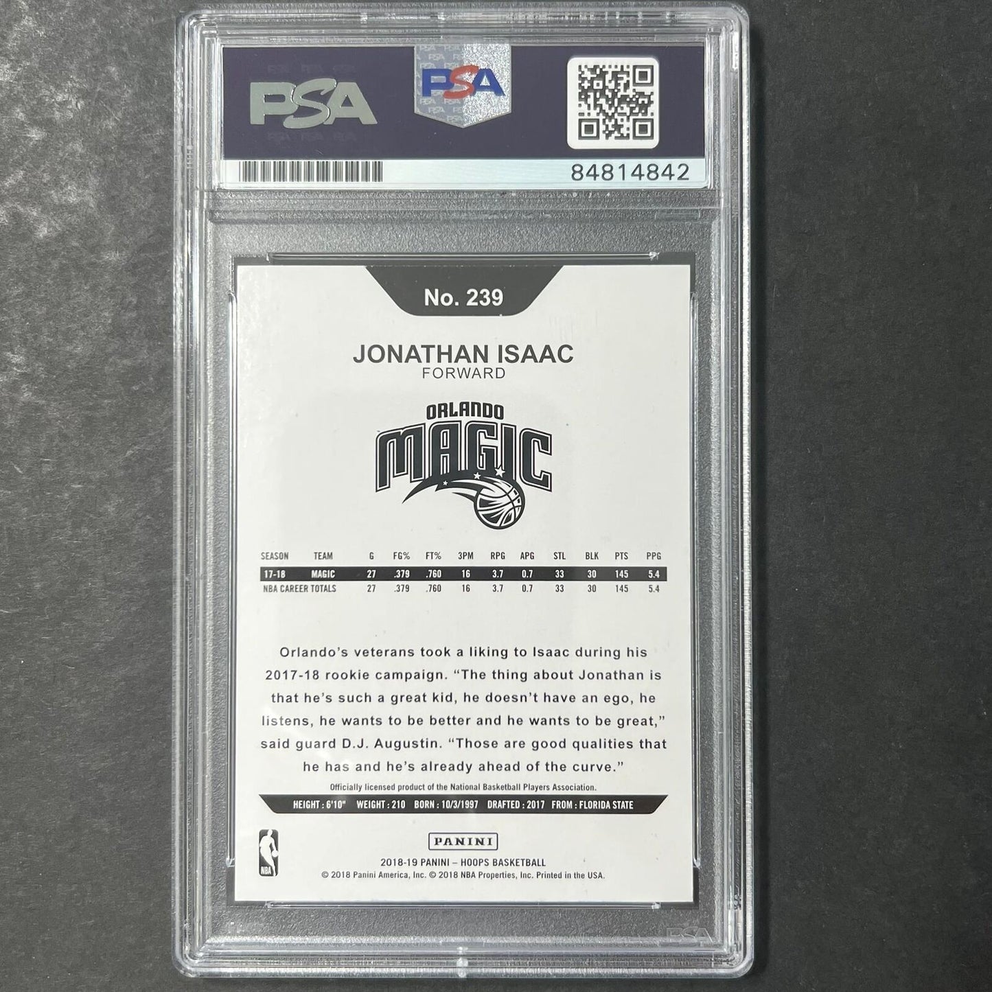 2018-19 NBA Hoops #239 JONATHAN ISAAC Signed Card AUTO 10 PSA Slabbed Magic