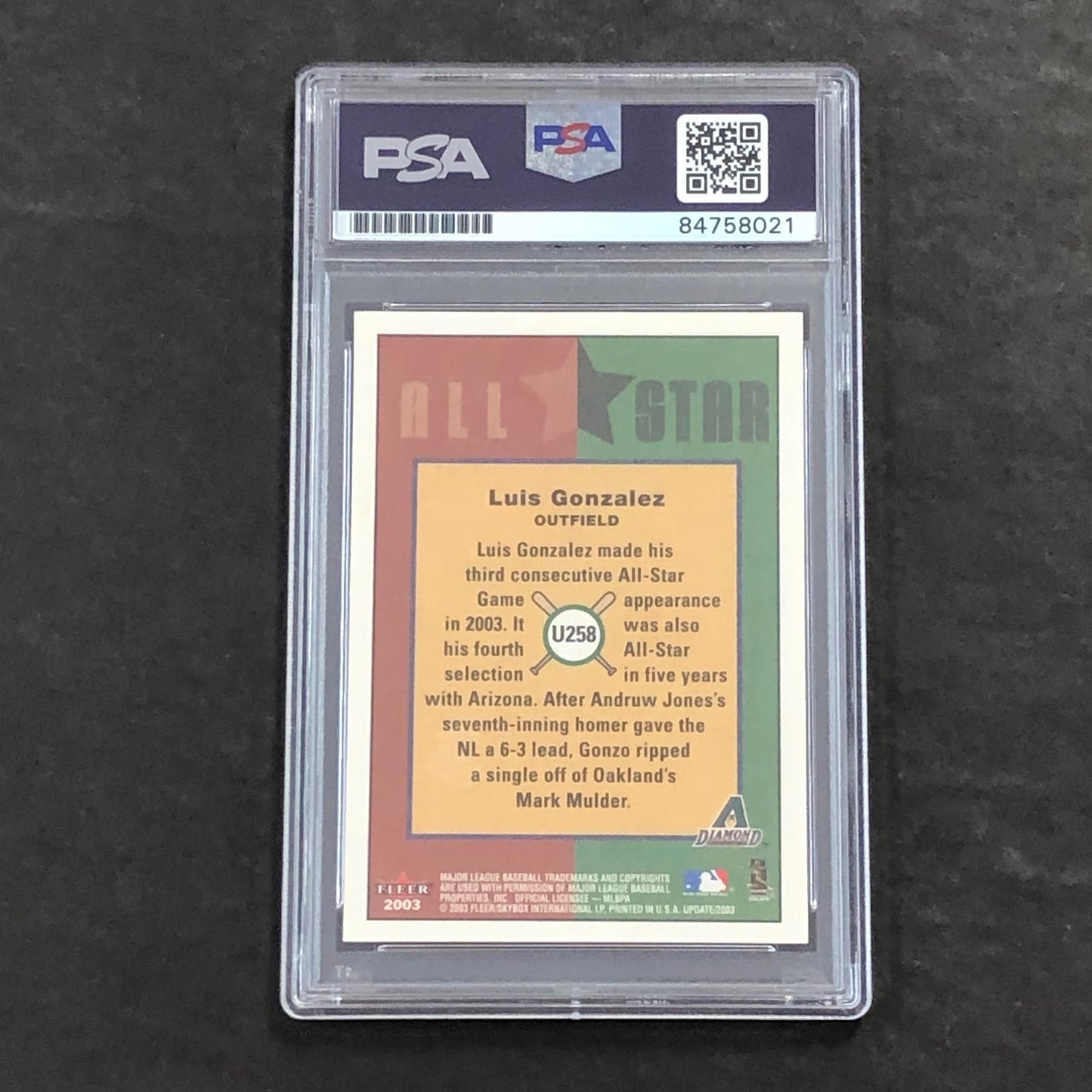 2003 Fleer Luis Gonzalez Signed Card PSA Slabbed Auto Dbacks