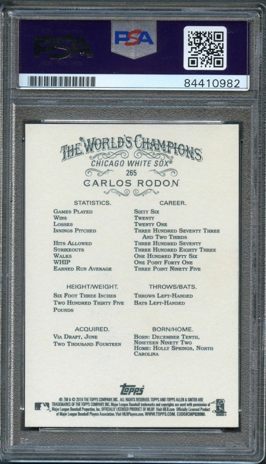 2018 Topps Allen & Ginter #265 Carlos Rodon Signed Card PSA Slabbed Auto 10 Whit