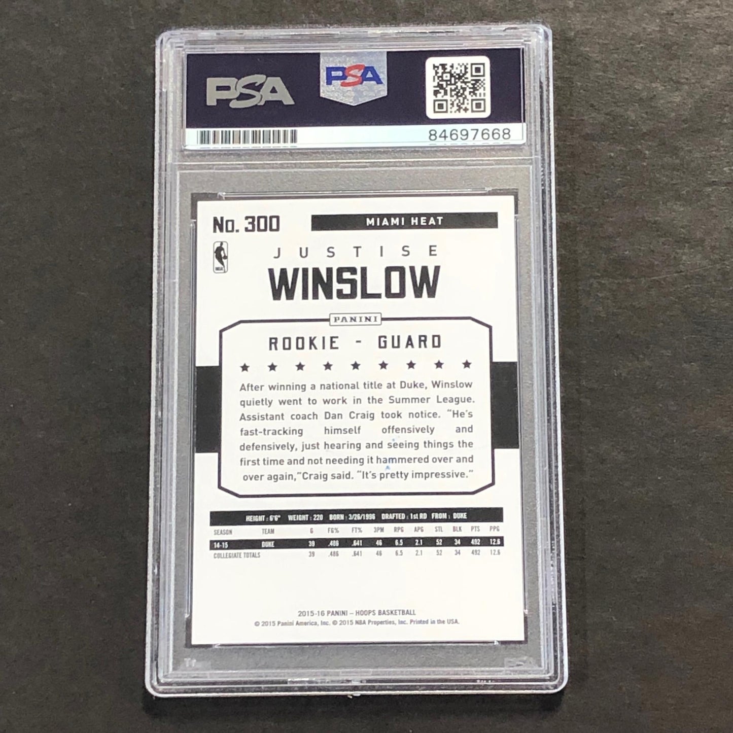 2015-16 NBA Hoops #300 Justice Winslow Signed Card PSA/DNA Slabbed RC Heat