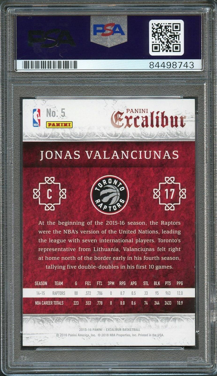 2015-16 PANINI EXCALIBUR #5 Jonas Valanciunas Signed Card AUTO PSA Slabbed Toron