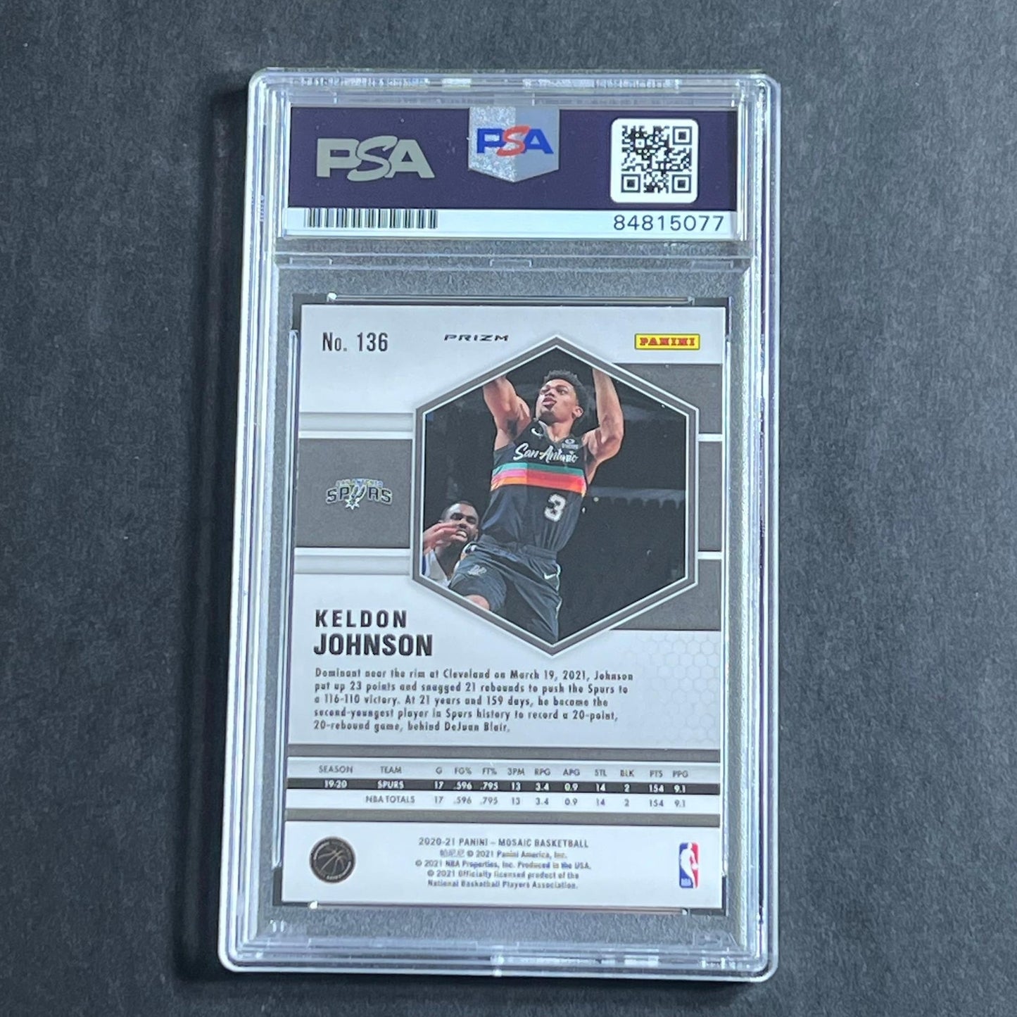 2020-21 Panini Mosaic #136 Keldon Johnson Signed Card Auto Grade 10 PSA Slabbed