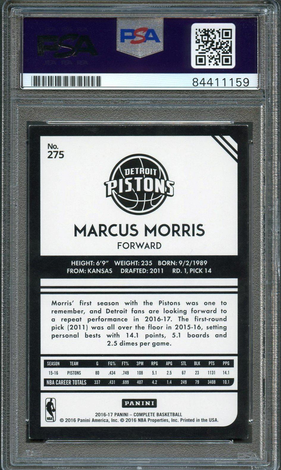 2016-17 Panini Complete #275 Marcus Morris Signed Card AUTO 10 PSA Slabbed Pisto