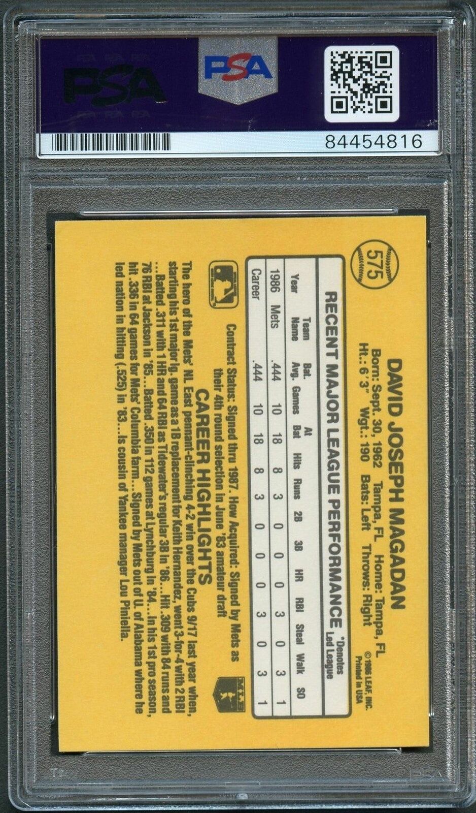 1987 Donruss #575 DAVE MAGADAN Signed Card PSA Slabbed Auto 10 Mets