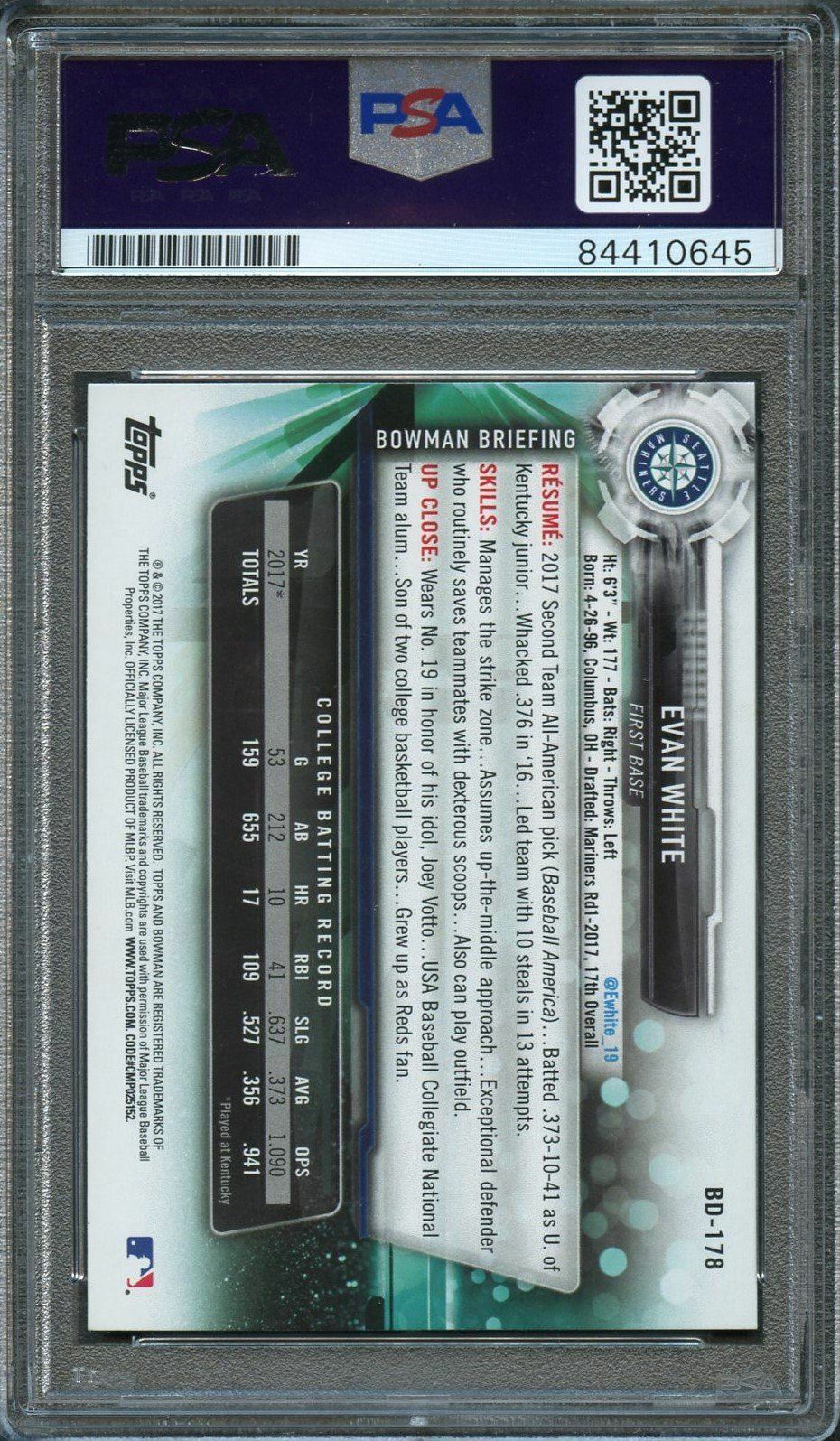 2017 BOWMAN DRAFT #BD-178 EVAN WHITE Signed Card PSA Slabbed Auto 10 Mariners