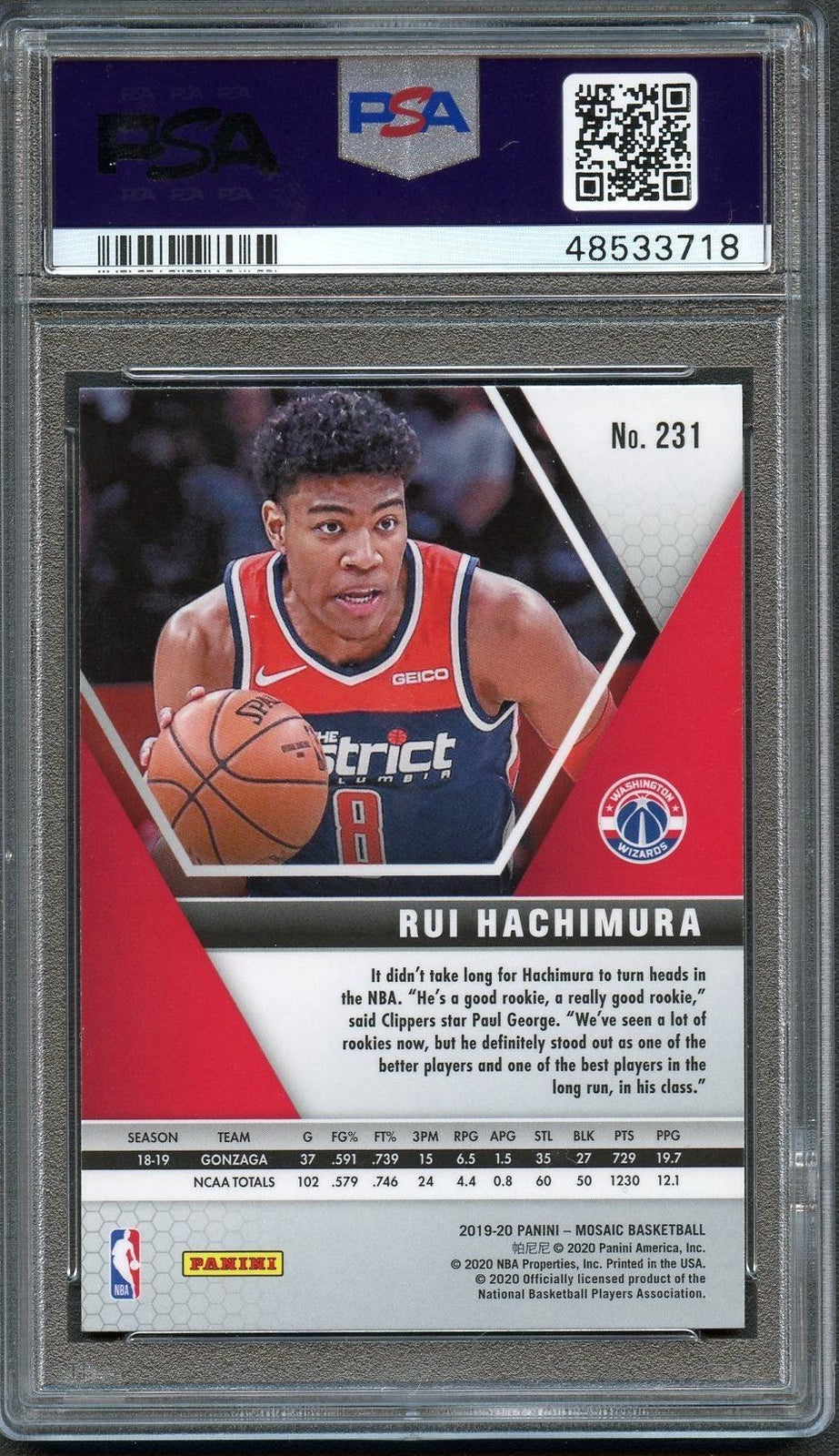 2019 Panini Mosaic #231 Rui Hachimura Mosaic PSA 10 Gem Mint RC