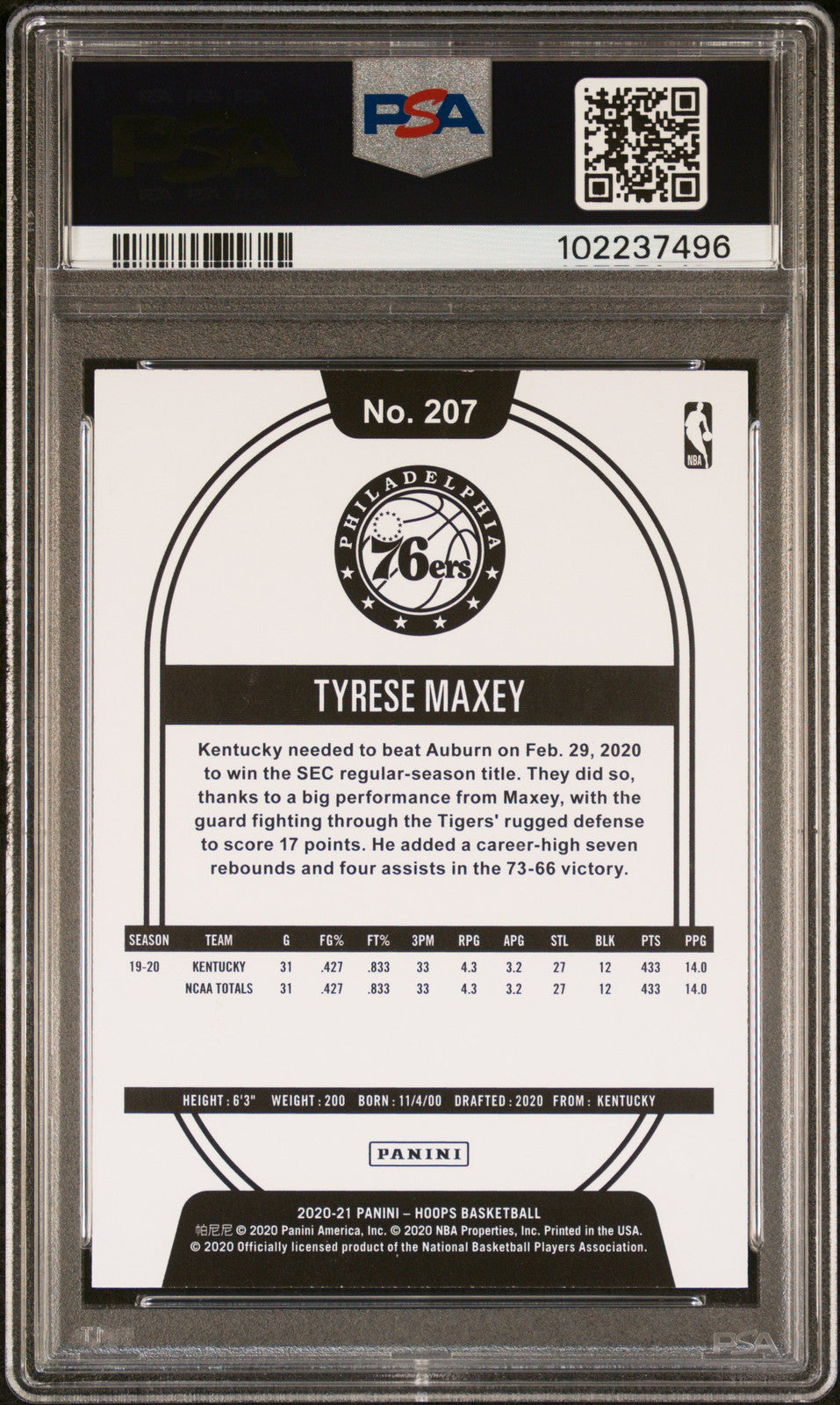 2020 Panini Hoops #207 Tyrese Maxey PSA Auto 9