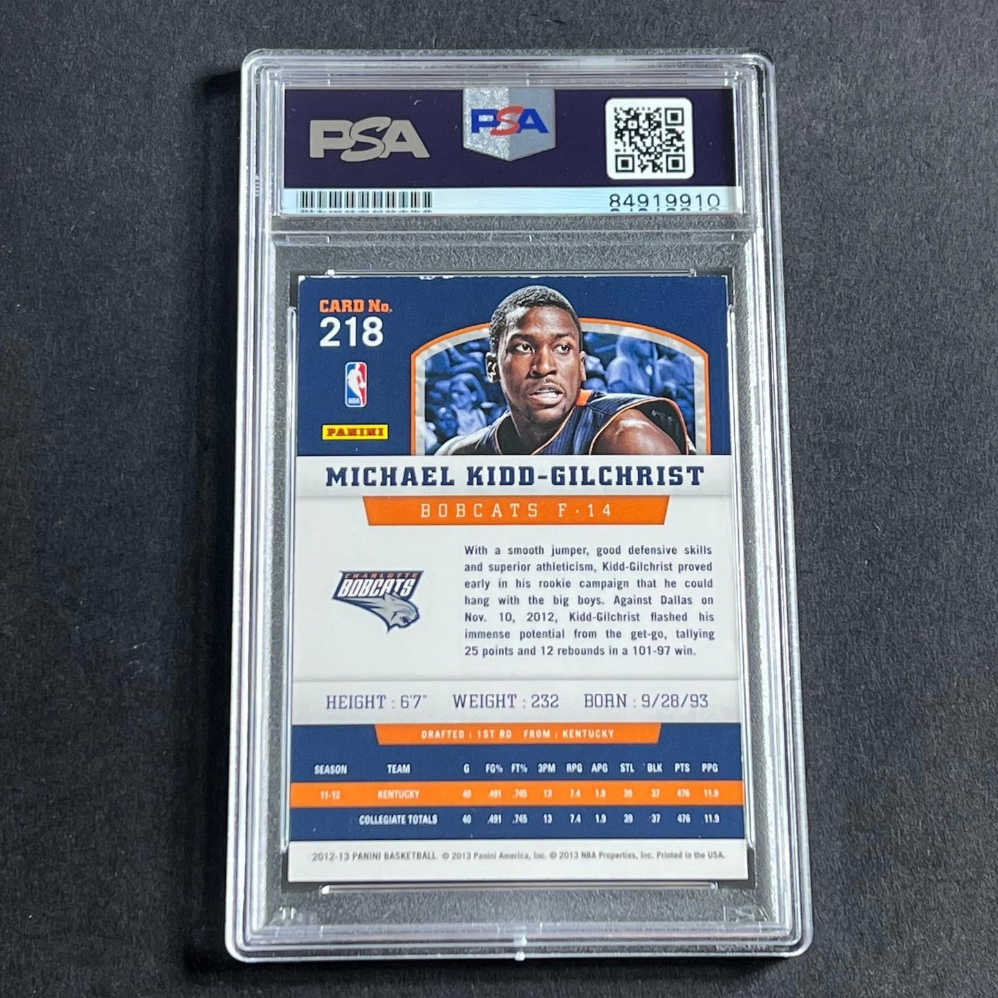 2012-13 Panini Basketball #218 Michael Kidd-Gilchrist Signed Card AUTO PSA Slabb