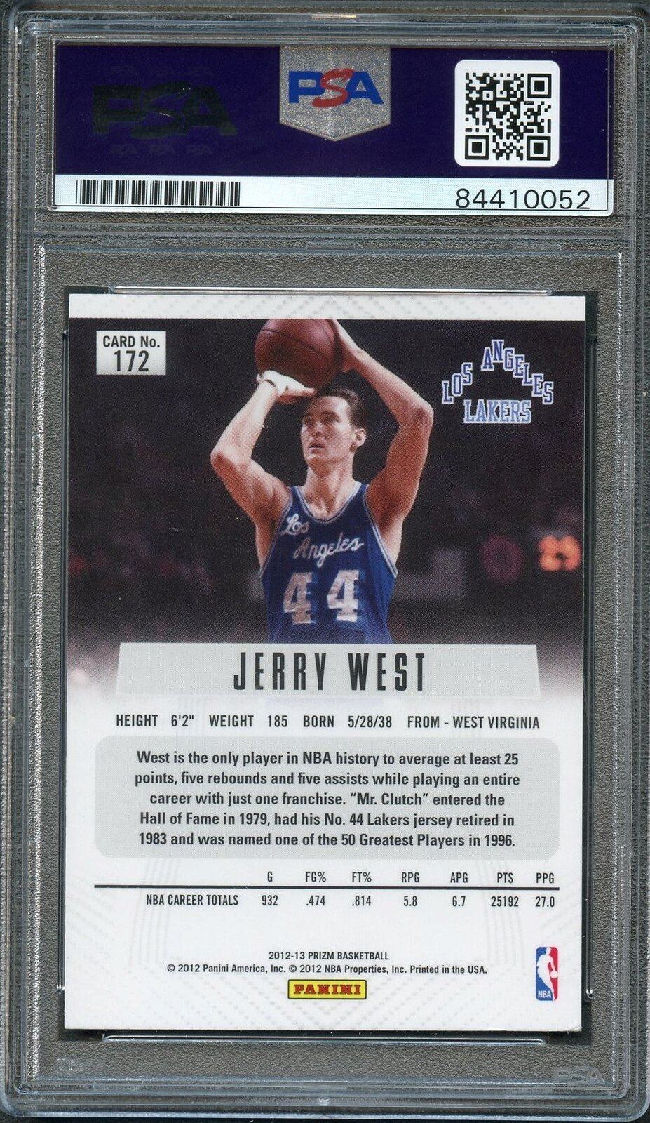 2012-13 Panini Prizm #172 JERRY WEST Signed Card Auto 10 PSA Slabbed Lakers