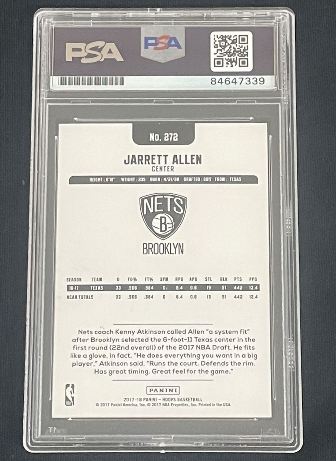 2017-18 NBA Hoops #272 Jarrett Allen Signed Card AUTO 10 PSA Slabbed RC Nets