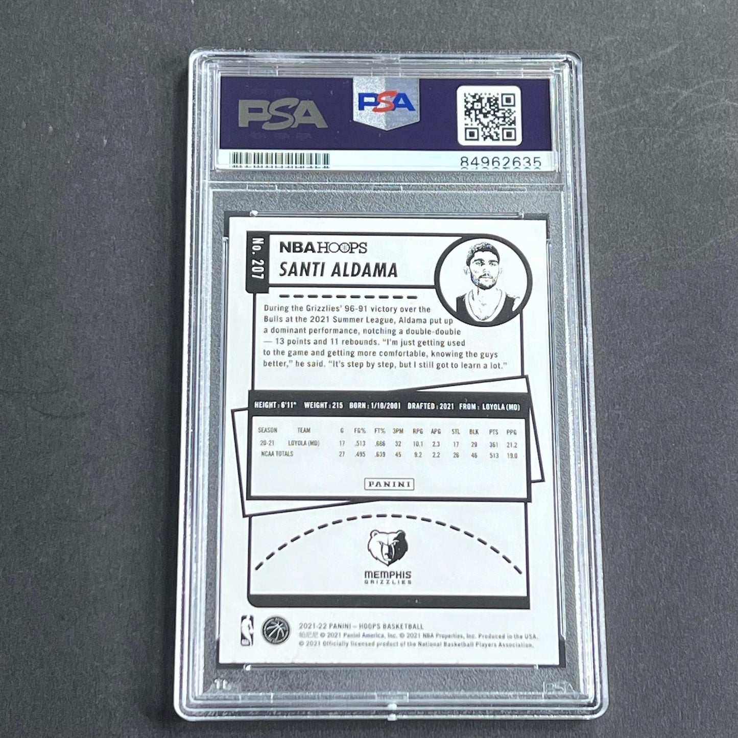 2021-2022 Panini NBA Hoops #207 Santi Aldama Signed Card AUTO Grade 10 PSA Slabb